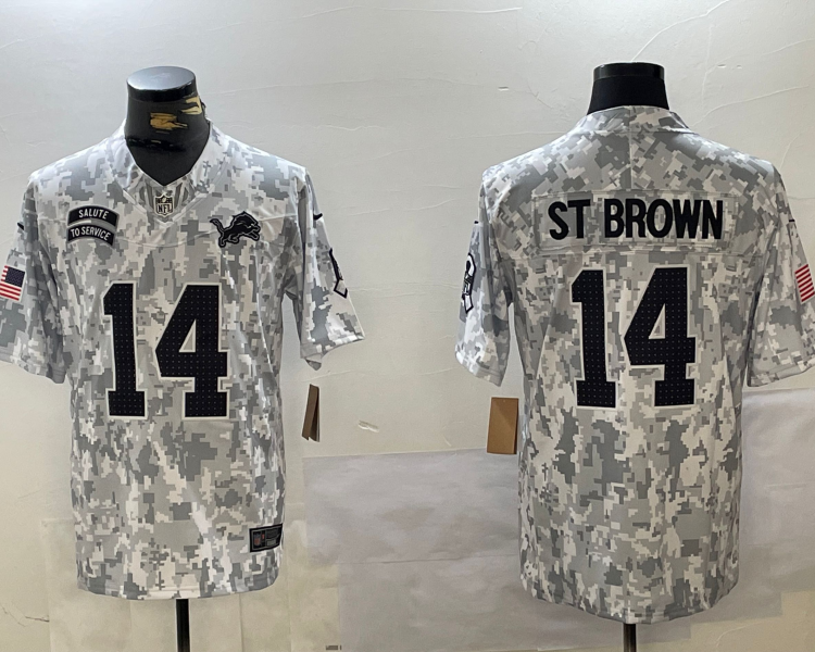 Men's Detroit Lions Amon-Ra St. Brown #14 Arctic Camo 2024 Salute to Service Limited Jersey
