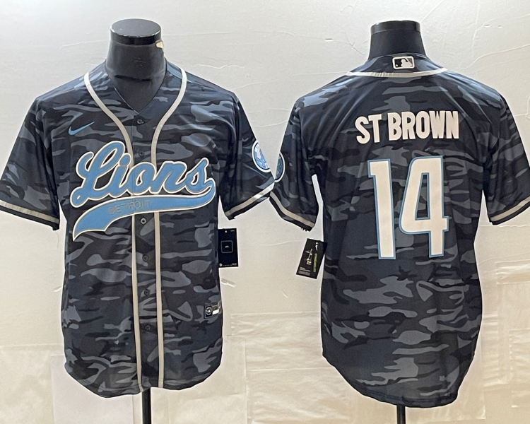 Men's Detroit Lions Amon-Ra St. Brown #14 Grey Camouflage Jersey Joint Edition