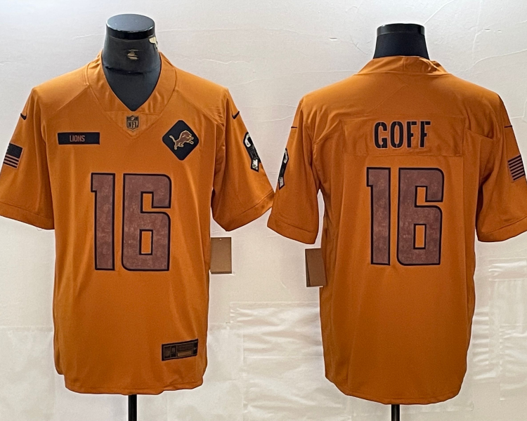 Men's Detroit Lions Jared Goff #16 Brown 2023 Salute To Service Limited Jersey