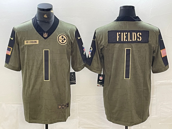 Men's Pittsburgh Steelers Justin Fields #1 Olive 2021 Salute To Service Limited Jersey