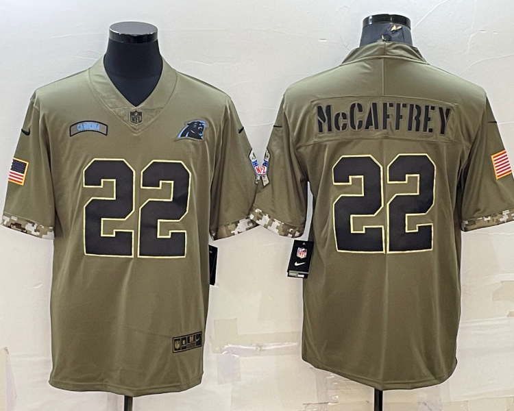 Men's Carolina Panthers Christian McCaffrey #22 Olive 2022 Salute To Service Limited Jersey