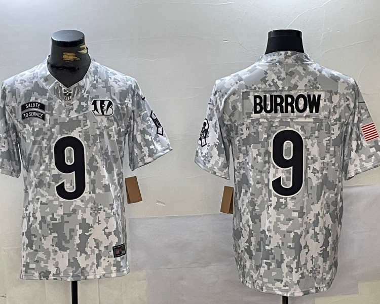 Men's Cincinnati Bengals Joe Burrow #9 Arctic Camo 2024 Salute to Service Limited Jersey