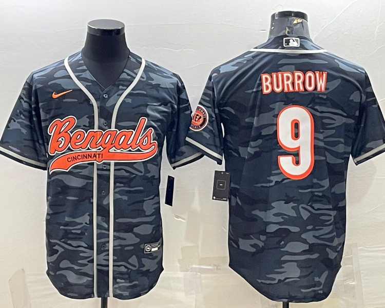 Men's Cincinnati Bengals Joe Burrow #9 Grey Camouflage Jersey