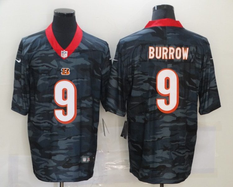 Men's Cincinnati Bengals Joe Burrow #9 Grey Camouflage Jersey
