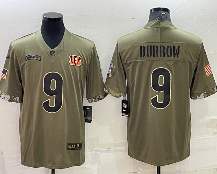 Men's Cincinnati Bengals Joe Burrow #9 Olive 2022 Salute To Service Limited Jersey
