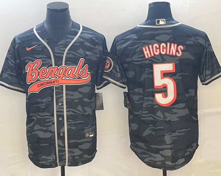 Men's Cincinnati Bengals Tee Higgins #5 Grey Camouflage Jersey