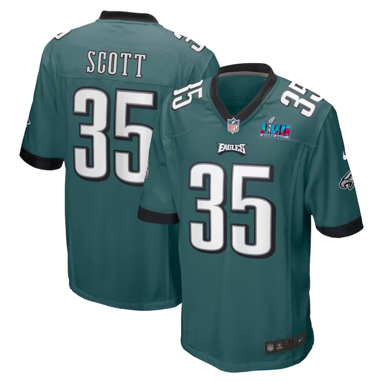 Men's Philadelphia Eagles Boston Scott #35 Midnight Green Super Bowl LVII Patch Jersey