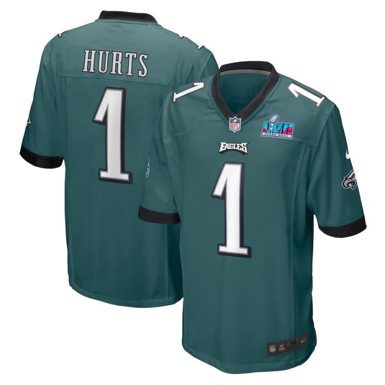 Men's Philadelphia Eagles Jalen Hurts #1 Midnight Green Super Bowl LVII Patch Jersey