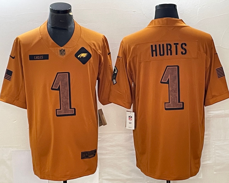 Men's Philadelphia Eagles Jalen Hurts #1 Brown 2023 Salute To Service Limited Jersey