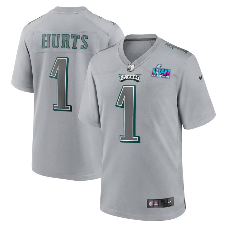 Men's Philadelphia Eagles Jalen Hurts #1 Gray Super Bowl LVII Patch Atmosphere Jersey