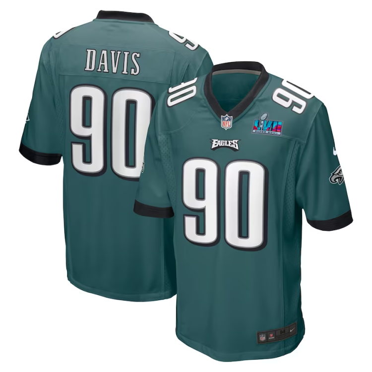 Men's Philadelphia Eagles Jordan Davis #90 Midnight Green Super Bowl LVII Patch Jersey