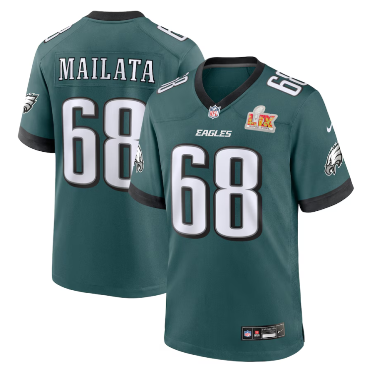 Men's Philadelphia Eagles Jordan Mailata #68 Midnight Green Super Bowl LIX Jersey