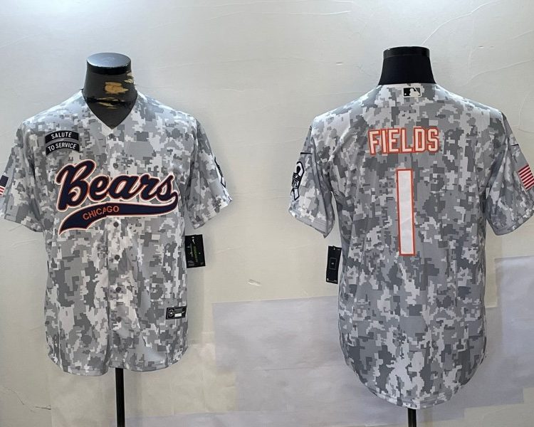 Men's Chicago Bears Justin Fields #1 Arctic Camo 2024 Salute to Service Jersey