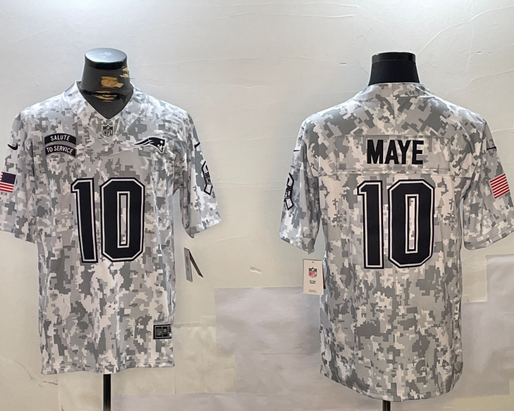 Men's New England Patriots Drake Maye #10 Arctic Camo 2024 Salute to Service Limited Jersey