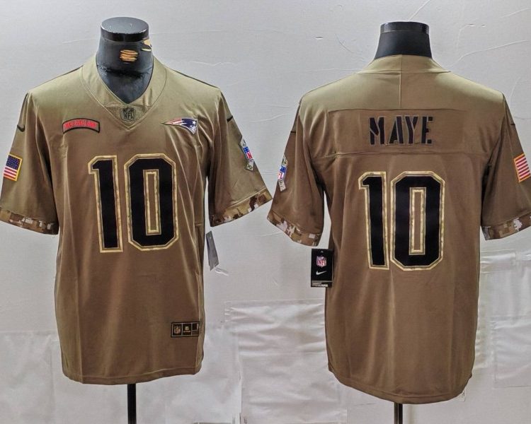 Men's New England Patriots Drake Maye #10 Olive 2022 Salute To Service Limited Jersey