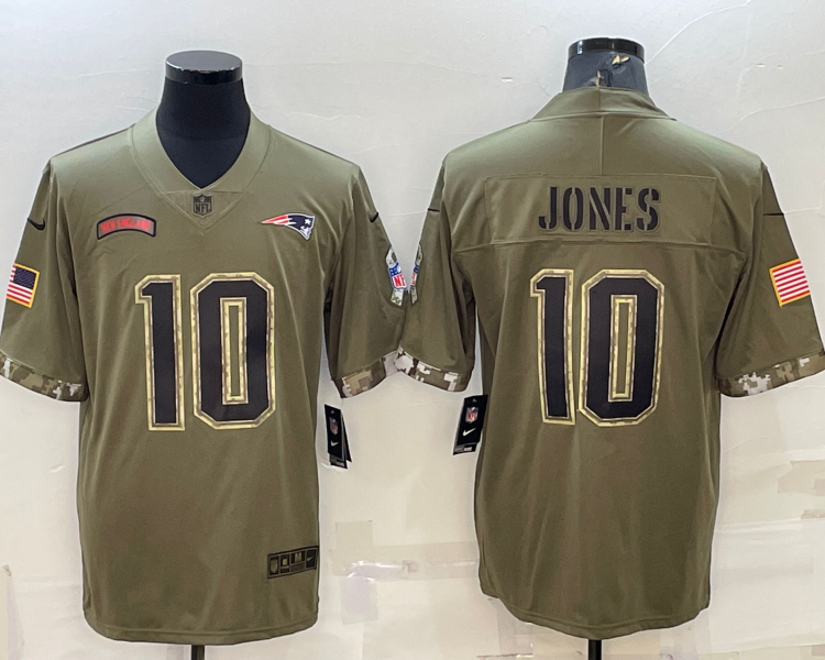 Men's New England Patriots Mac Jones #10 Olive 2022 Salute To Service Limited Jersey