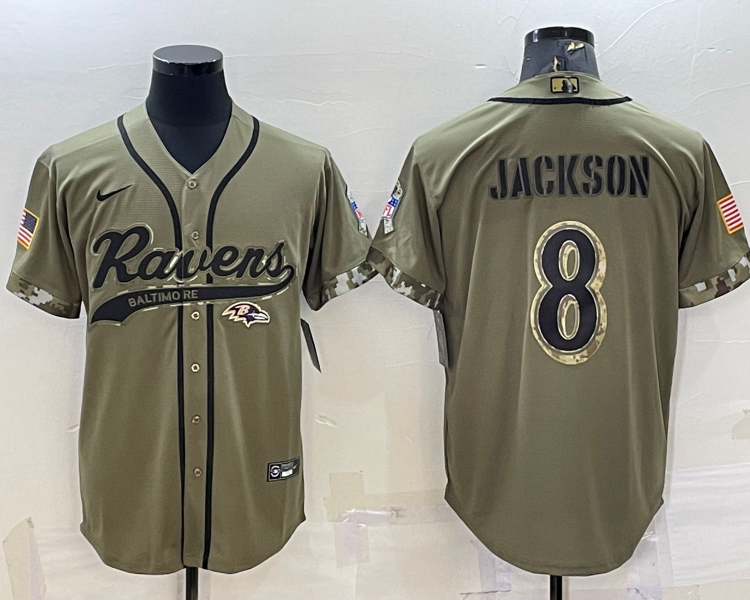 Men's Baltimore Ravens Lamar Jackson #8 Olive 2022 Salute To Service Limited Jersey Joint Edition