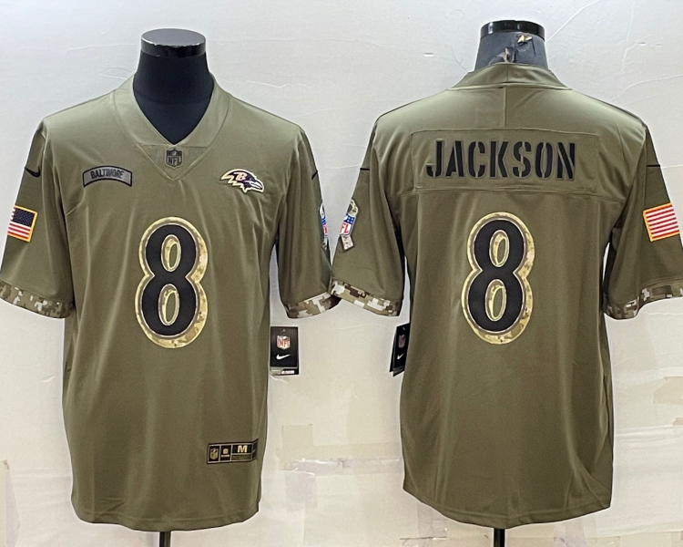 Men's Baltimore Ravens Lamar Jackson #8 Olive 2022 Salute To Service Limited Jersey