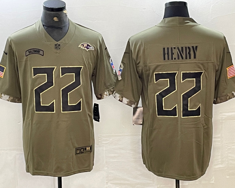 Men's Baltimore Ravens Derrick Henry #22 Olive 2022 Salute To Service Limited Jersey