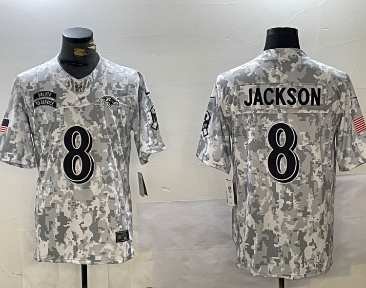 Men's Baltimore Ravens Lamar Jackson #8 Arctic Camo 2024 Salute to Service Limited Jersey
