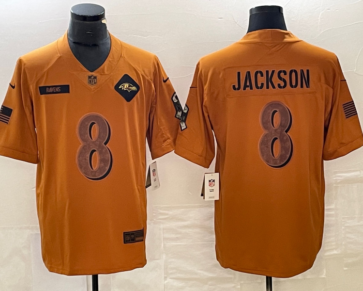 Men's Baltimore Ravens Lamar Jackson #8 Brown 2023 Salute To Service Retired Limited Jersey