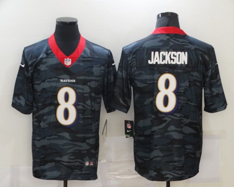Men's Baltimore Ravens Lamar Jackson #8 Gray Camouflage Jersey