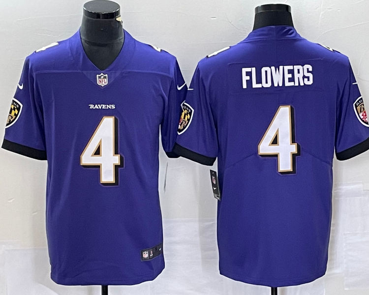 Men's Baltimore Ravens Zay Flowers #4 Purple 2023 NFL Draft First Round Pick Jersey