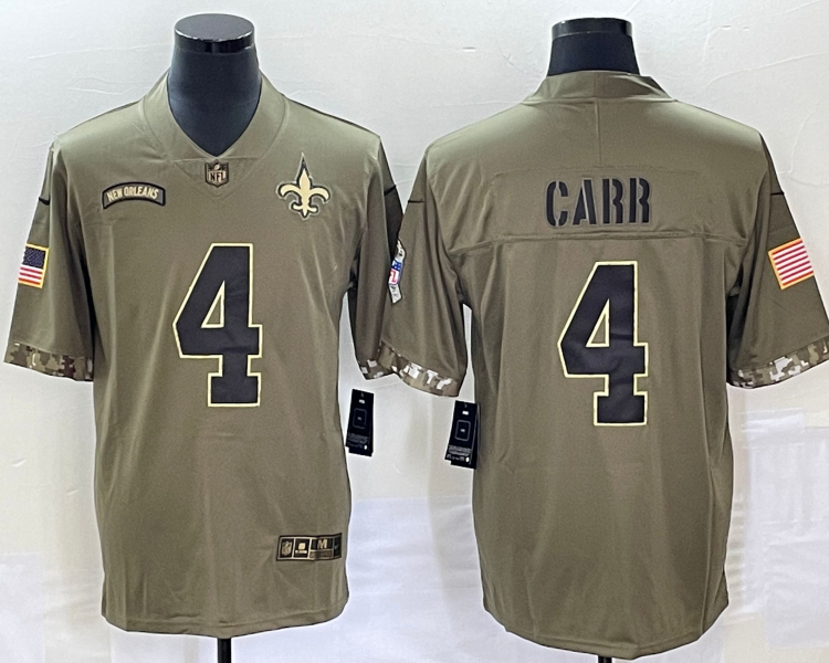 Men's New Orleans Saints Derek Carr #4 Olive 2022 Salute To Service Retired Limited Jersey