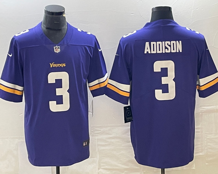 Men's Minnesota Vikings Jordan Addison #3 Purple 2023 NFL Draft First Round Pick Jersey