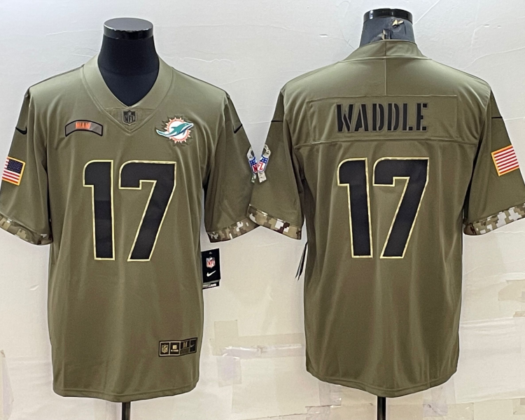 Men's Miami Dolphins Jaylen Waddle #17 Olive 2022 Salute To Service Limited Jersey