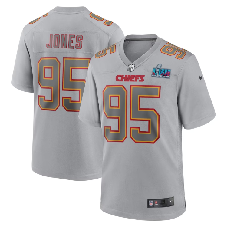 Men's Kansas City Chiefs Chris Jones #95 Gray Super Bowl LVII Patch Atmosphere Jersey