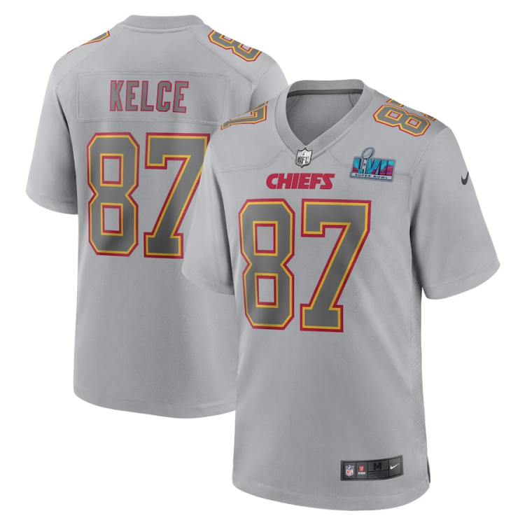 Men's Kansas City Chiefs Travis Kelce #87 Gray Super Bowl LVII Patch Atmosphere Jersey