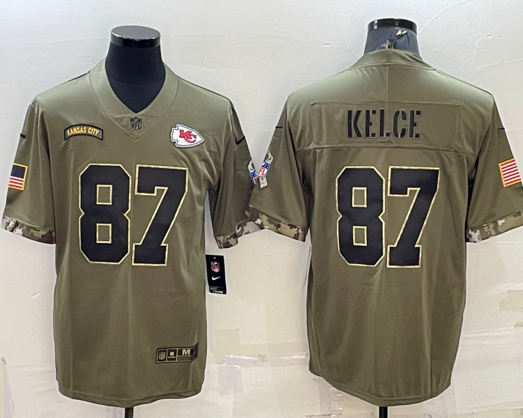 Men's Kansas City Chiefs Travis Kelce #87 Olive 2022 Salute To Service Limited Jersey