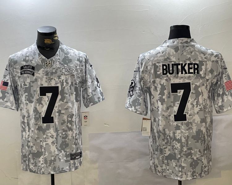 Men's Kansas City Chiefs Harrison Butker #7 Arctic Camo 2024 Salute to Service Limited Jersey