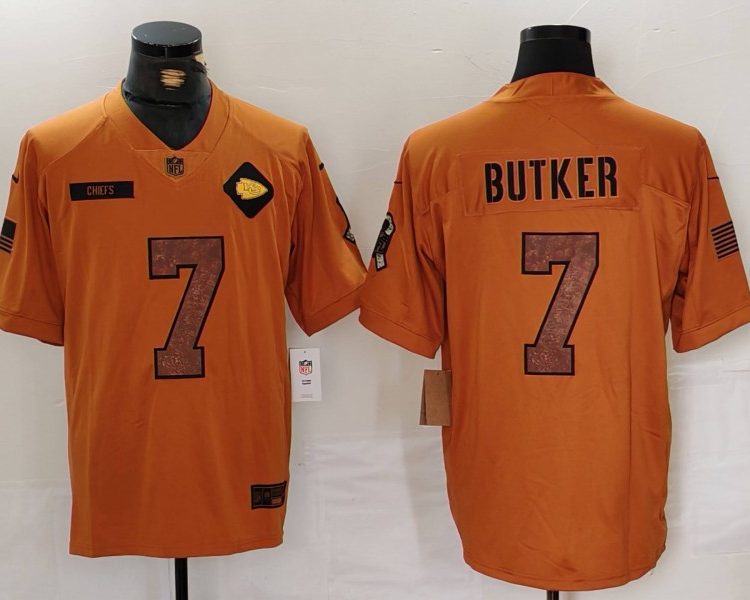 Men's Kansas City Chiefs Harrison Butker #7 Brown 2023 Salute To Service Limited Jersey