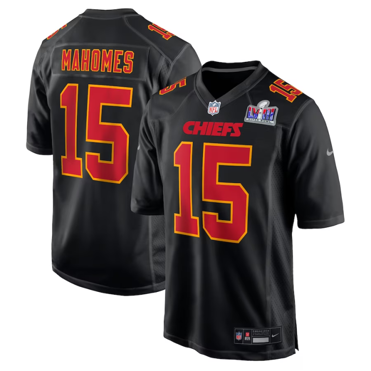 Men's Kansas City Chiefs Patrick Mahomes #15 Black Super Bowl LVIII Carbon Jersey