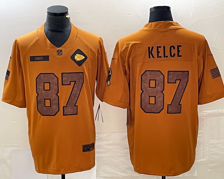 Men's Kansas City Chiefs Travis Kelce #87 Brown 2023 Salute To Service Retired Limited Jersey