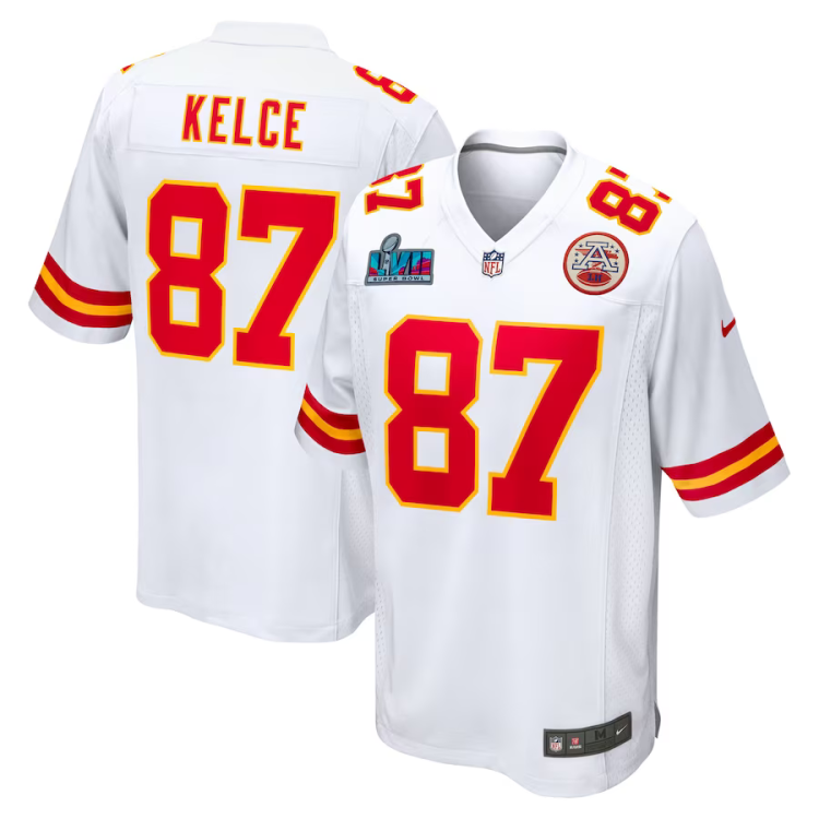 Men's Kansas City Chiefs Travis Kelce #87 White Super Bowl LVII Patch Away Jersey