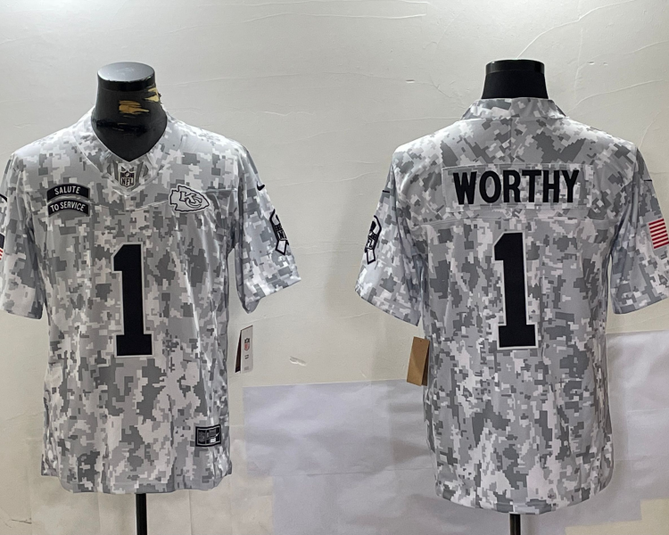 Men's Kansas City Chiefs Xavier Worthy #1 Arctic Camo 2024 Salute to Service Limited Jersey