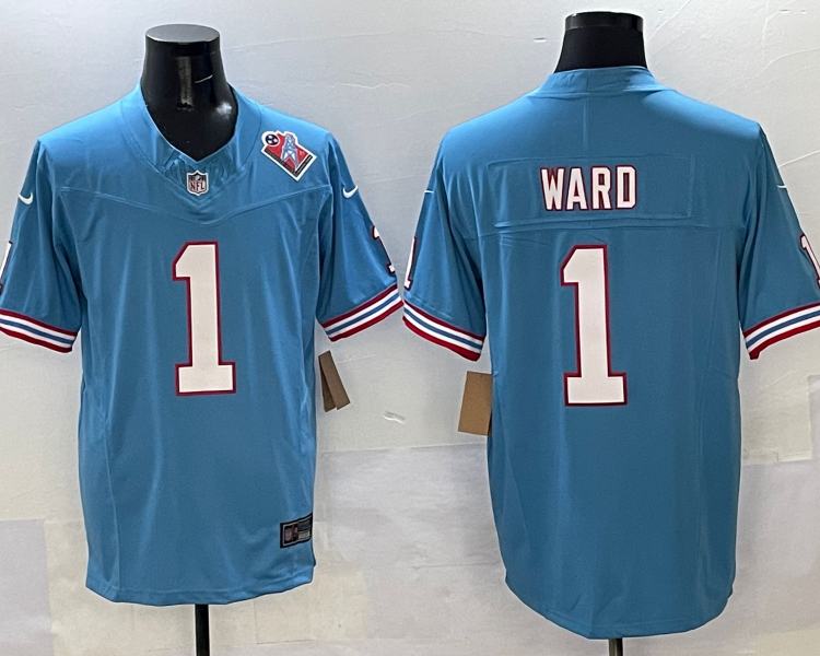 Men's Tennessee Titans Cameron Ward #1 Light Blue 2025 NFL Draft First Round Pick Jersey