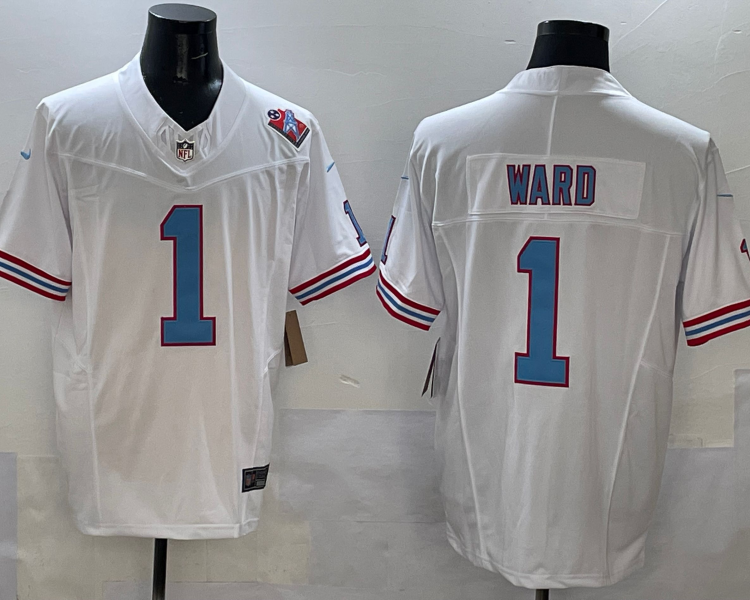 Men's Tennessee Titans Cameron Ward #1 White 2025 NFL Draft First Round Pick Jersey