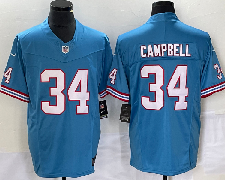 Men's Tennessee Titans Earl Campbell #34 Light Blue Oilers Throwback Retired Jersey