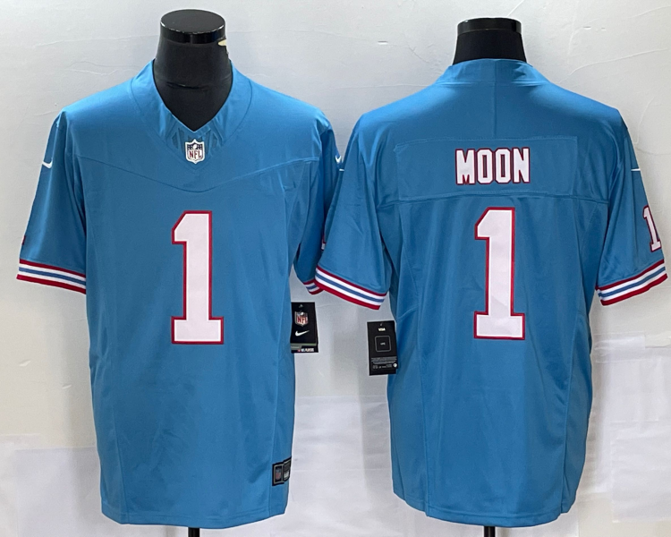 Men's Tennessee Titans Warren Moon #1 Light Blue Oilers Throwback Retired Jersey