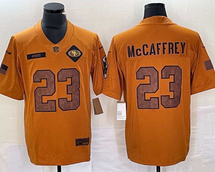 Men's San Francisco 49ers Christian McCaffrey #23 Brown 2023 Salute To Service Retired Limited Jersey