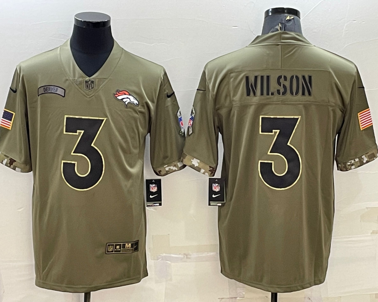 Men's Denver Broncos Russell Wilson #3 Olive 2022 Salute To Service Limited Jersey