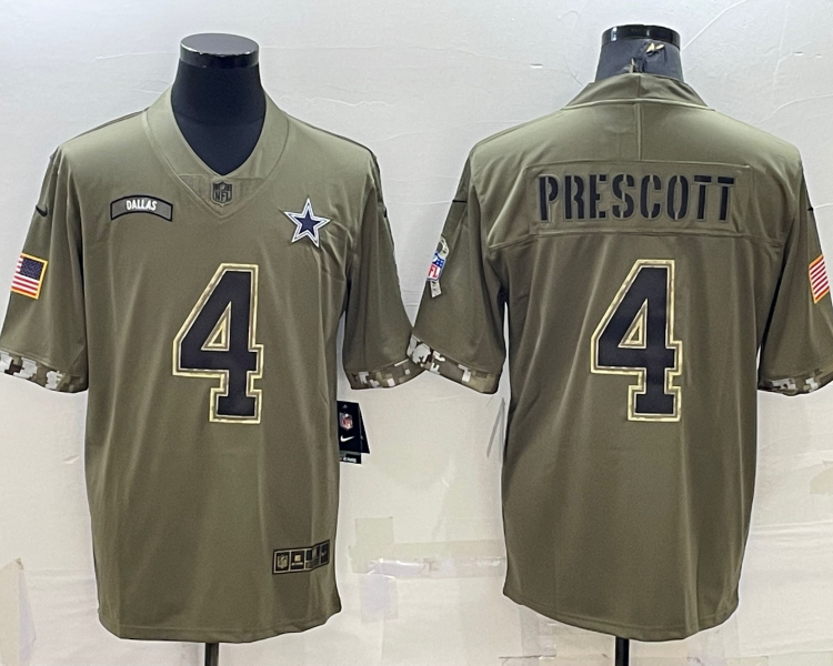 Men's Dallas Cowboys Dak Prescott #4 Olive 2022 Salute To Service Limited Jersey