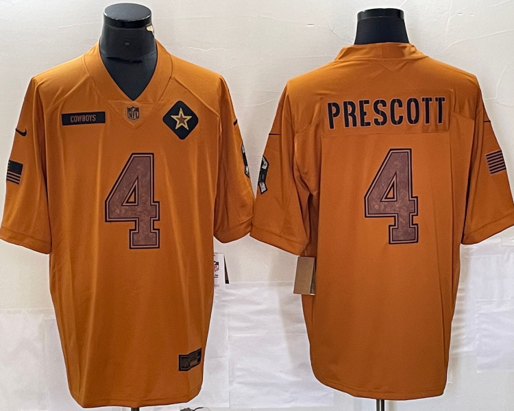 Men's Dallas Cowboys Dak Prescott #4 Brown 2023 Salute To Service Limited Jersey