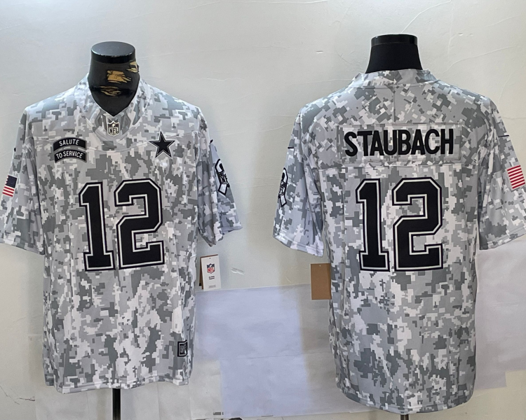 Men's Dallas Cowboys Roger Staubach #12 Arctic Camo 2024 Salute to Service Retired Limited Jersey