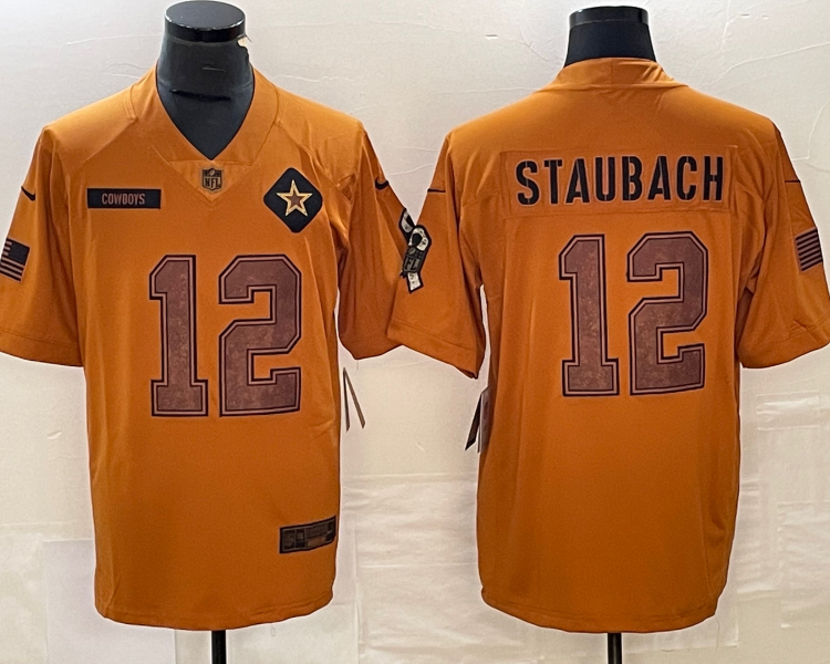 Men's Dallas Cowboys Roger Staubach #12 Brown 2023 Salute To Service Retired Limited Jersey