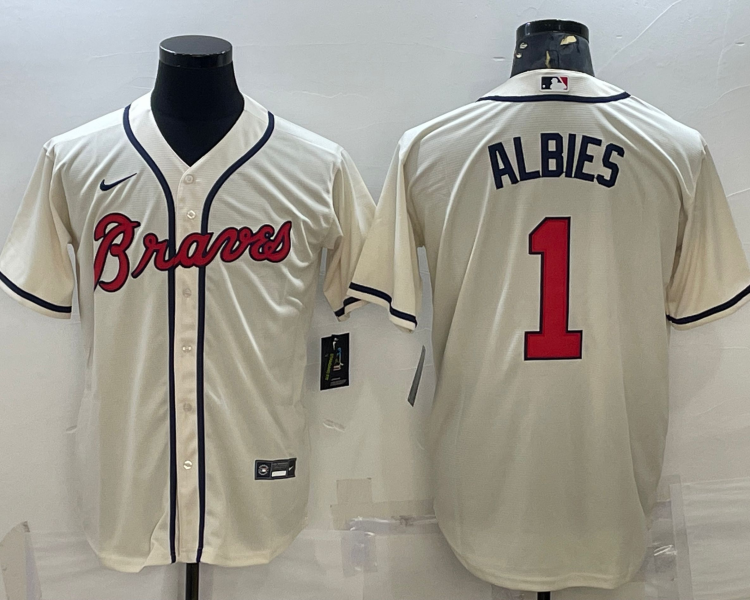 Men's Atlanta Braves Ozzie Albies #1 Beige Jersey